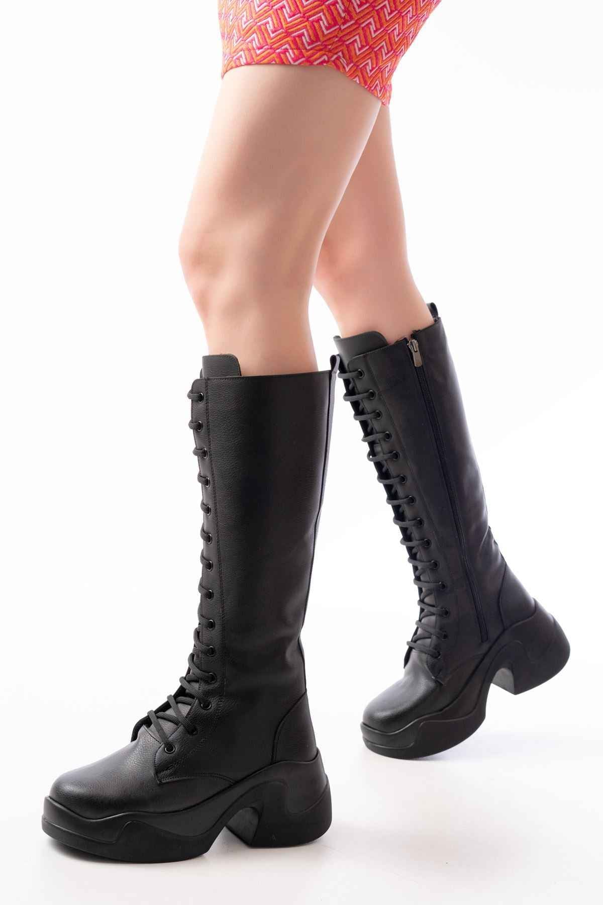 Ayakkabı Aşkı Fz-2450 Siyah Yüksek Tabanlı Bağcıklı Fermuarlı Günlük Kadın Çizme