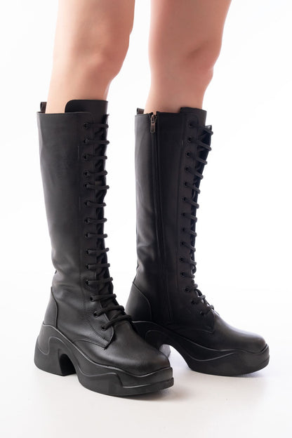 Ayakkabı Aşkı Siyah Yüksek Tabanlı Bağcıklı Fermuarlı Günlük Kadın Çizme