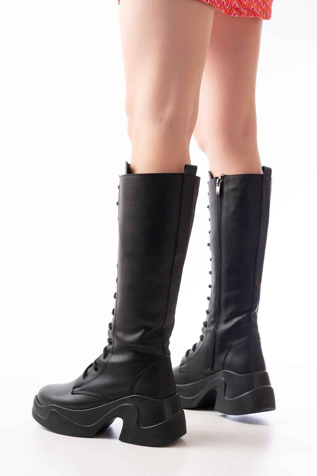 Ayakkabı Aşkı Fz-2450 Siyah Yüksek Tabanlı Bağcıklı Fermuarlı Günlük Kadın Çizme