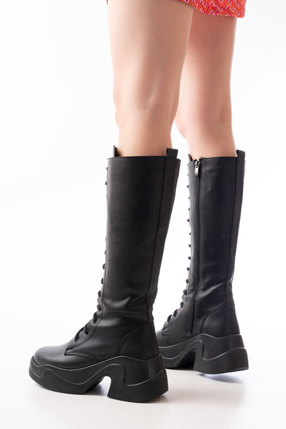 Ayakkabı Aşkı Siyah Yüksek Tabanlı Bağcıklı Fermuarlı Günlük Kadın Çizme
