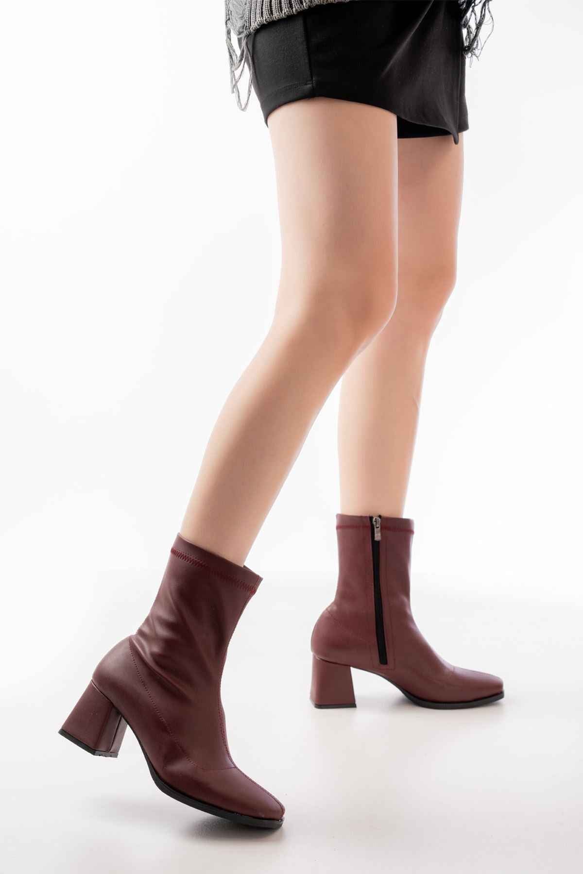 Ayakkabı Aşkı Msk-033 Bordo Topuklu Fermuarlı Kadın Bot