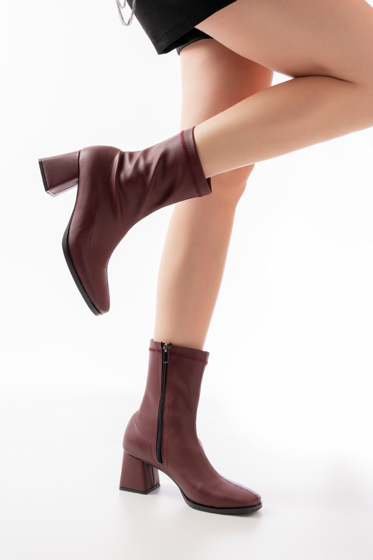MSK-033 Bordo Topuklu Fermuarlı Kadın Bot - Bordo