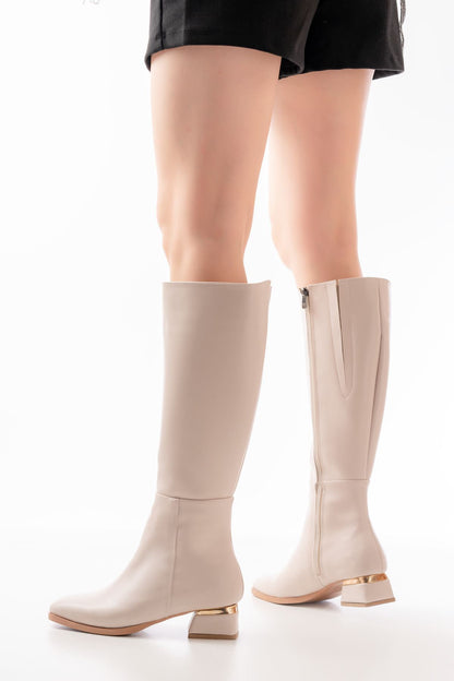 RM-505 Bej Topuklu Fermuarlı Günlük Kadın Çizme - Bej