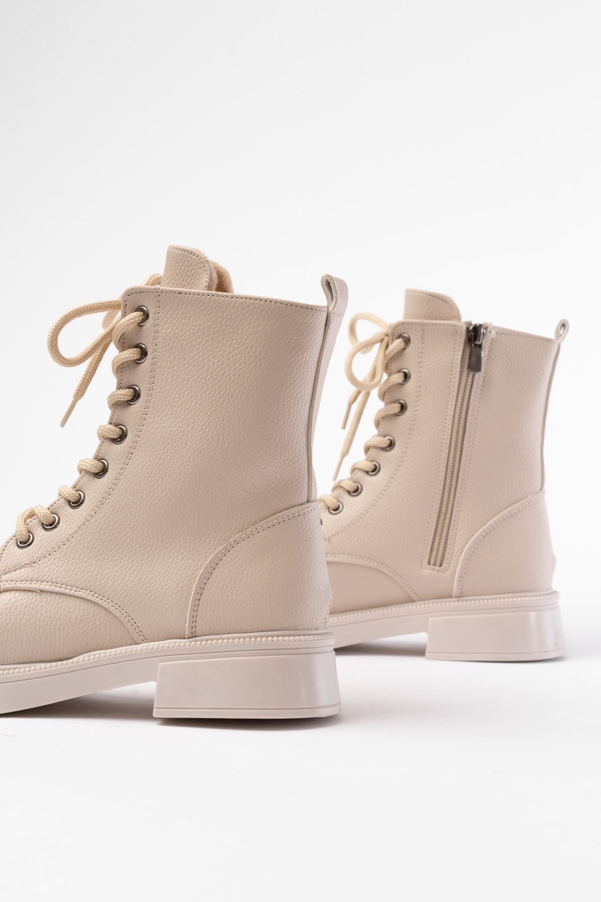 Ayakkabı Aşkı Bej Galata Düz Topuklu Bağcıklı Fermuarlı Günlük Kadın Bot - Ayakkabı Aşkı