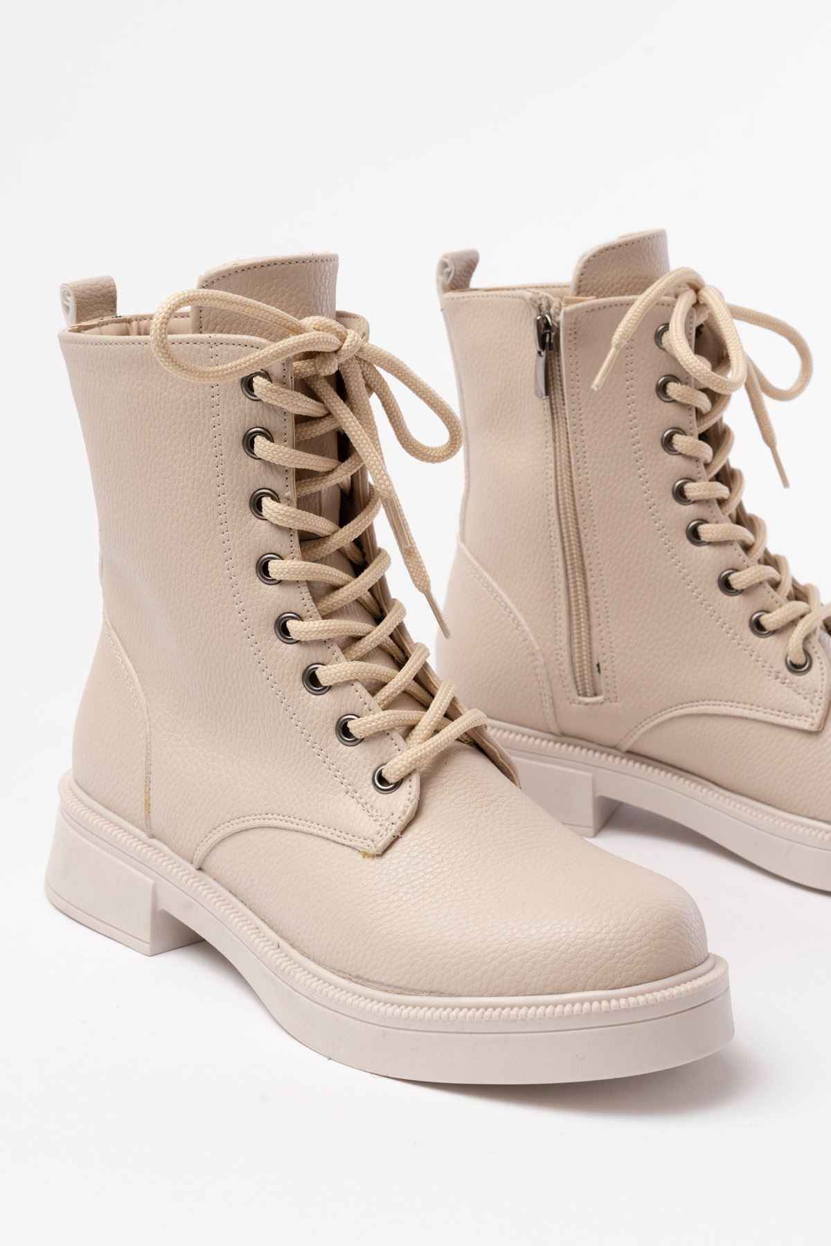 Ayakkabı Aşkı 02-356 Bej Galata Düz Topuklu Bağcıklı Fermuarlı Günlük Kadın Bot