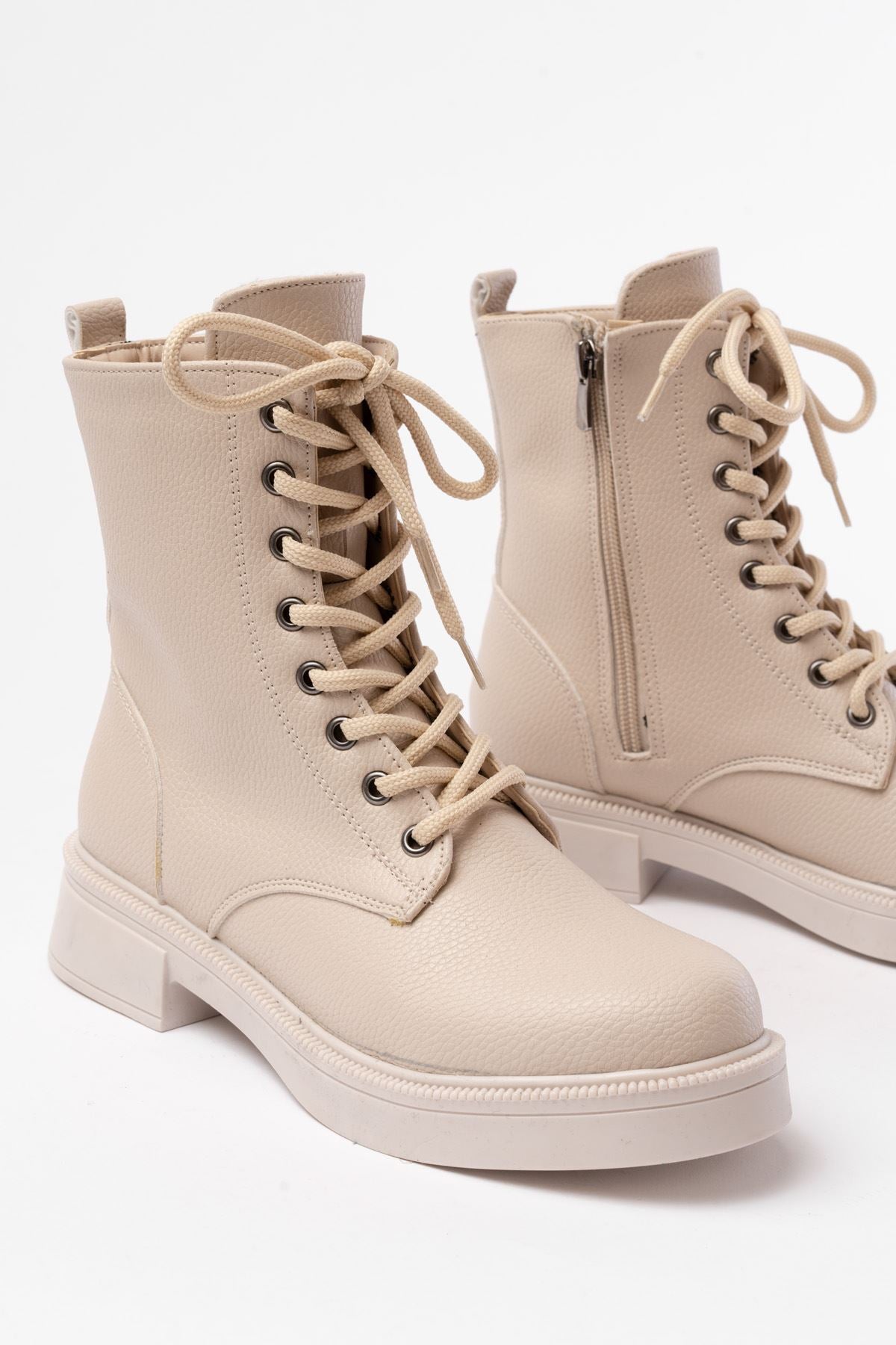 Ayakkabı Aşkı Bej Galata Düz Topuklu Bağcıklı Fermuarlı Günlük Kadın Bot