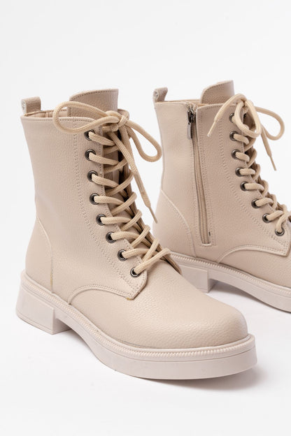 Ayakkabı Aşkı Bej Galata Düz Topuklu Bağcıklı Fermuarlı Günlük Kadın Bot