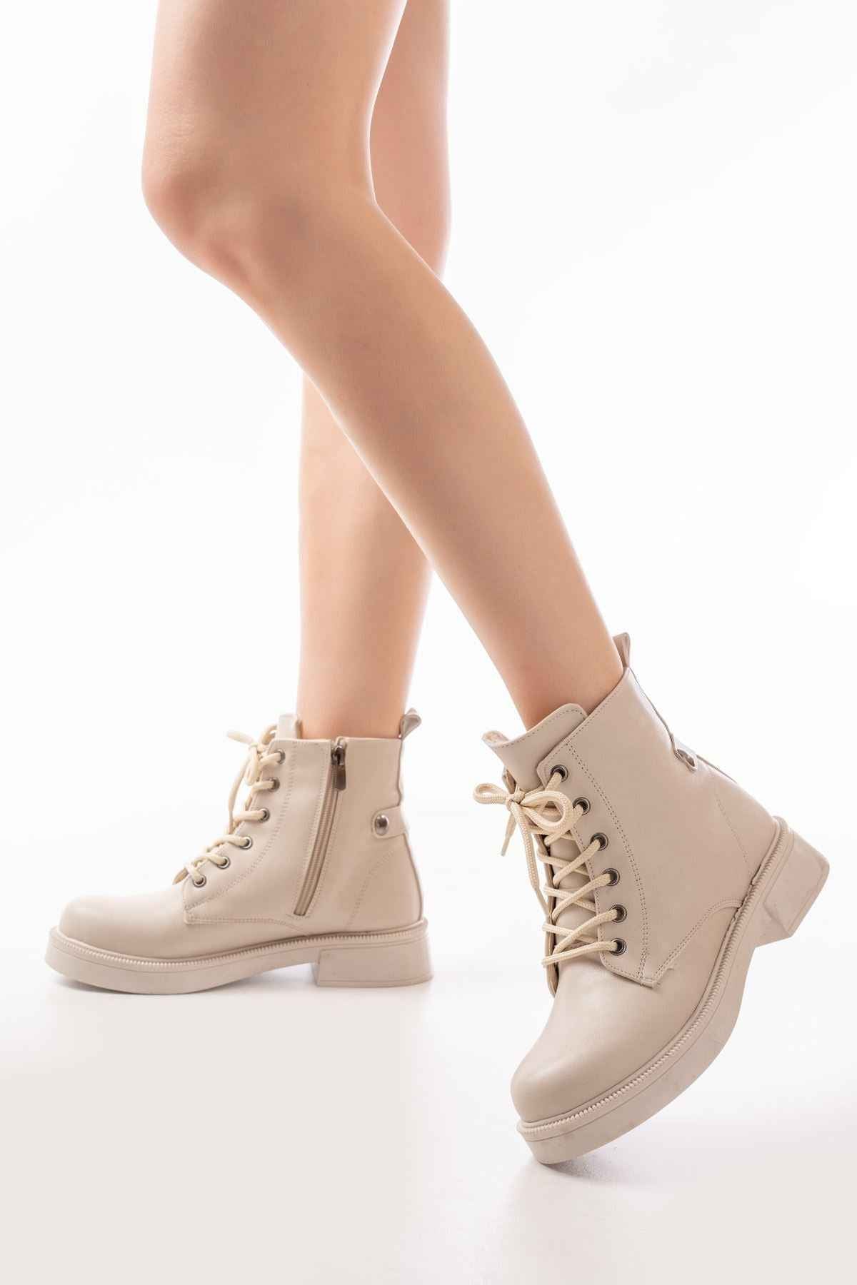 Ayakkabı Aşkı 02-356 Bej Galata Düz Topuklu Bağcıklı Fermuarlı Günlük Kadın Bot