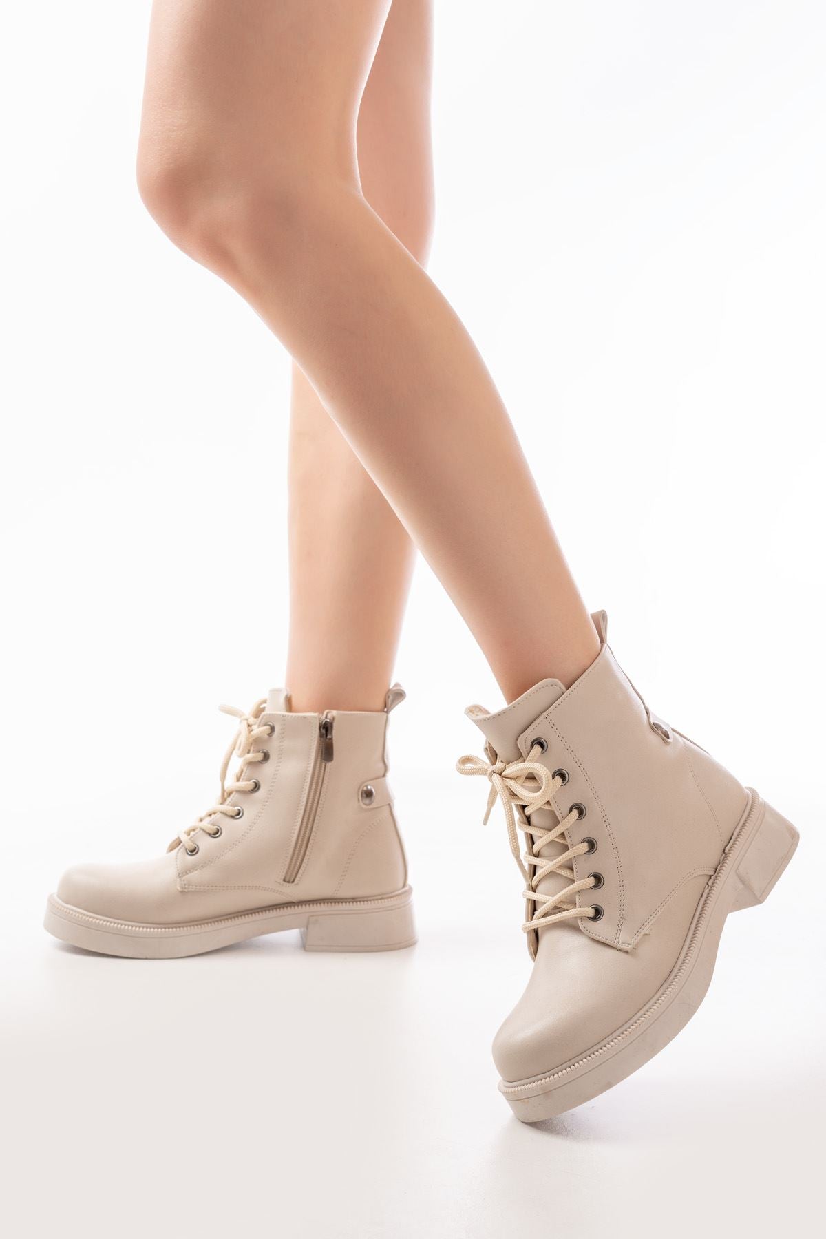 Ayakkabı Aşkı Bej Galata Düz Topuklu Bağcıklı Fermuarlı Günlük Kadın Bot - Ayakkabı Aşkı