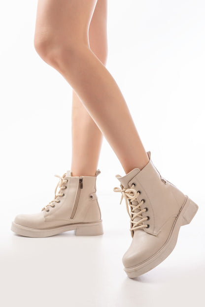 Ayakkabı Aşkı Bej Galata Düz Topuklu Bağcıklı Fermuarlı Günlük Kadın Bot