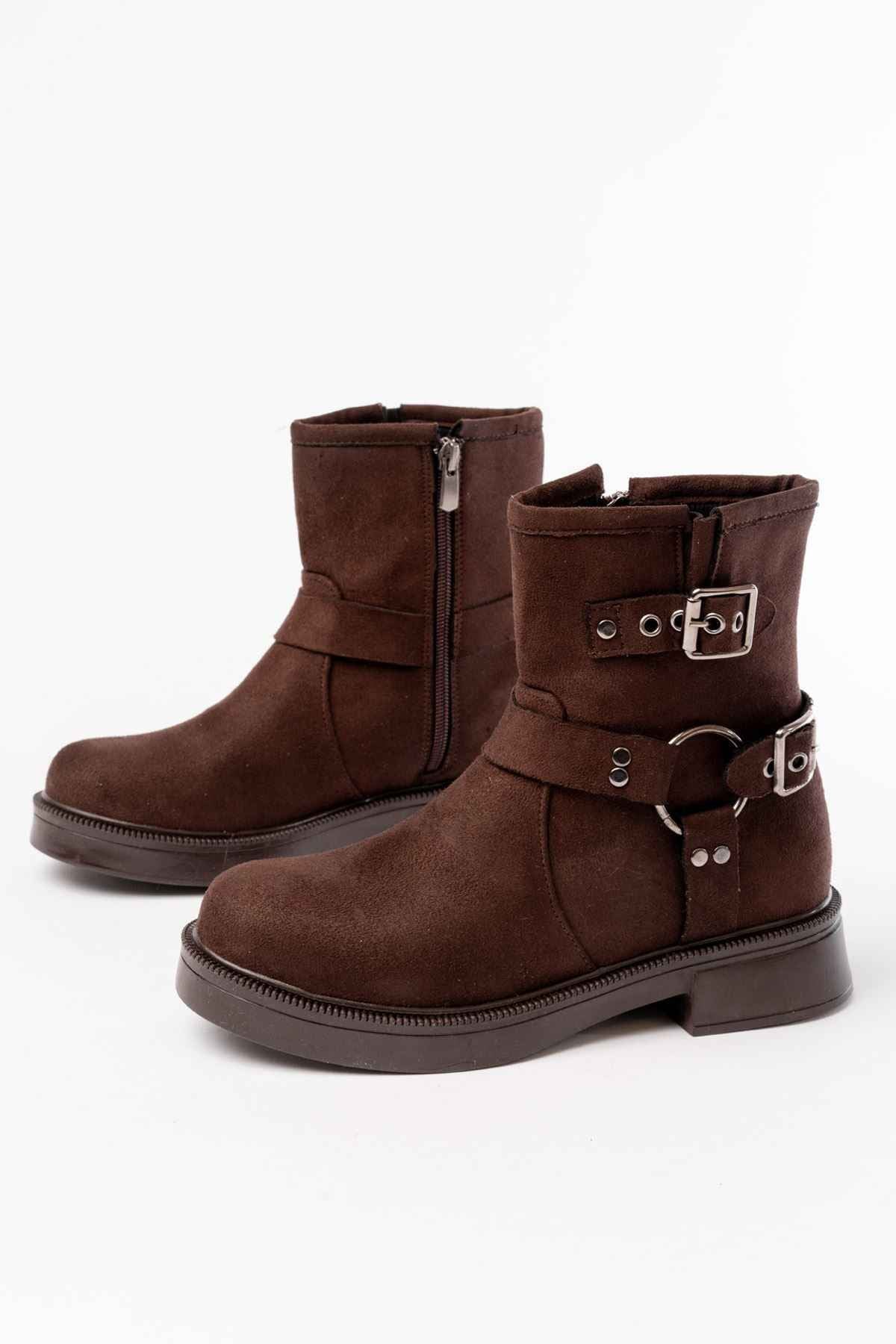 Ayakkabı Aşkı 02-2013 Kahverengi Süet Toka Aksesuarlı Fermuarlı Günlük Kadın Bot