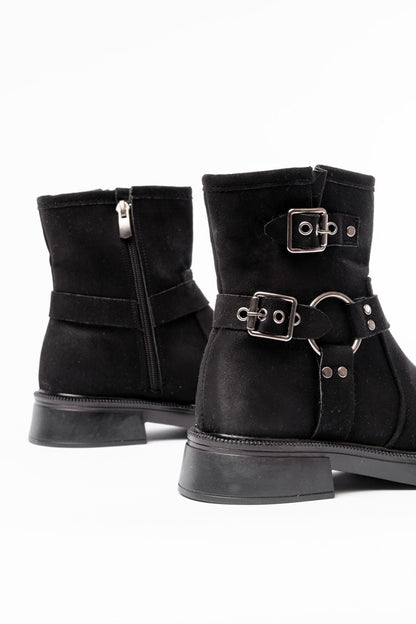 Ayakkabı Aşkı Siyah Süet Toka Aksesuarlı Fermuarlı Günlük Kadın Bot