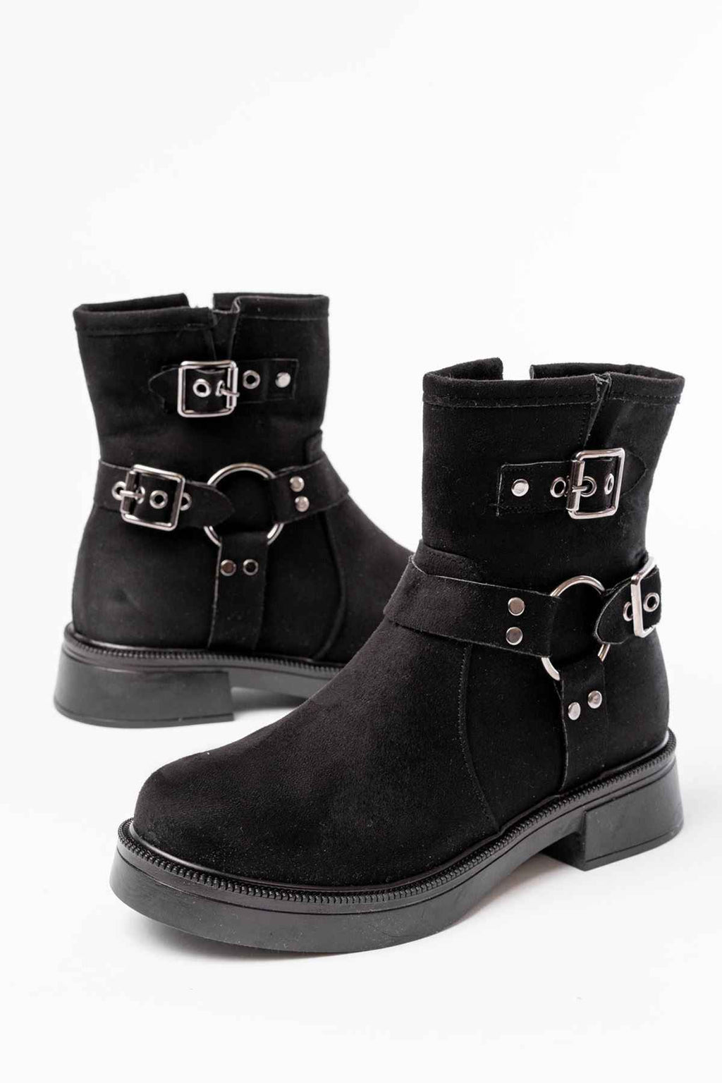 Ayakkabı Aşkı 02-2013 Siyah Süet Toka Aksesuarlı Fermuarlı Günlük Kadın Bot