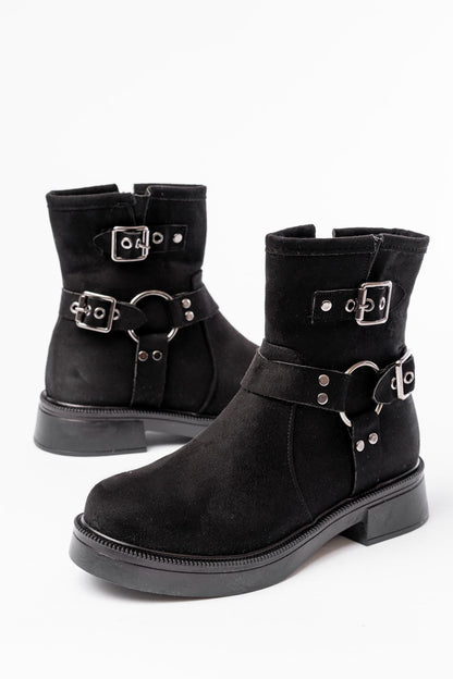 02-2013 Siyah Süet Toka Aksesuarlı Fermuarlı Günlük Kadın Bot - Siyah