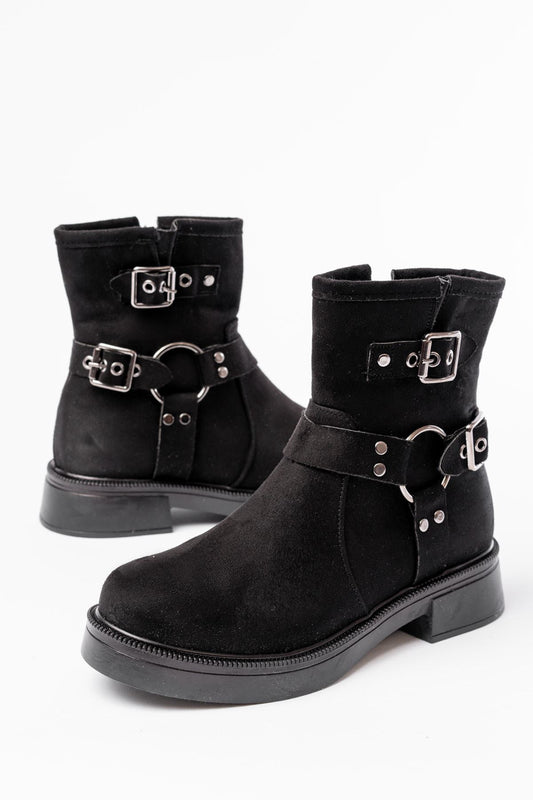 02-2013 Siyah Süet Toka Aksesuarlı Fermuarlı Günlük Kadın Bot - Siyah