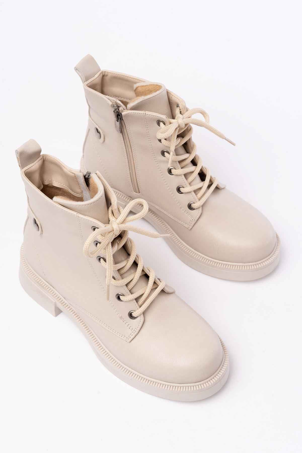 Ayakkabı Aşkı 02-2003 Bej Bağcıklı Fermuarlı Günlük Kadın Bot