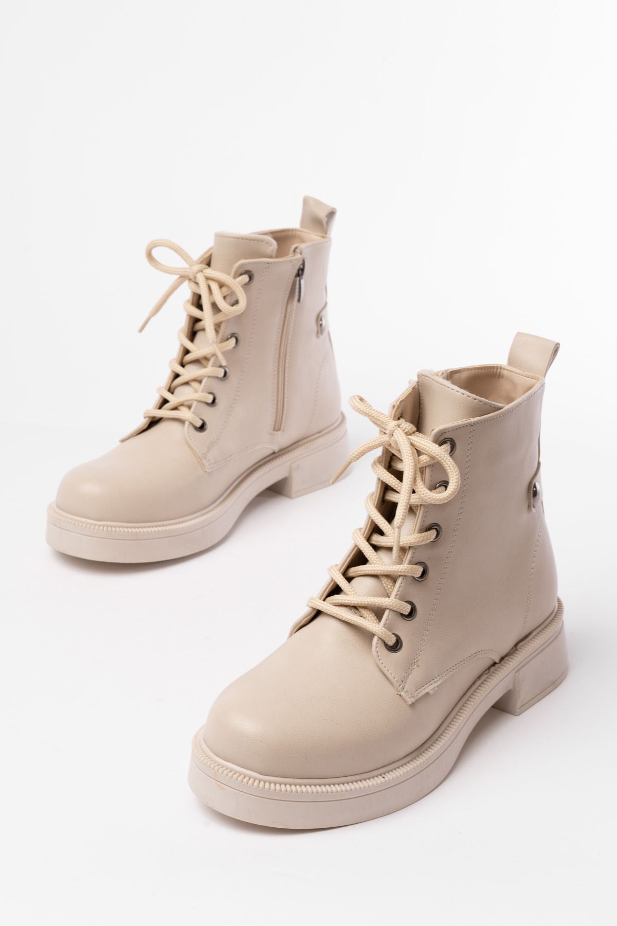 Ayakkabı Aşkı Bej Bağcıklı Fermuarlı Günlük Kadın Bot - Ayakkabı Aşkı