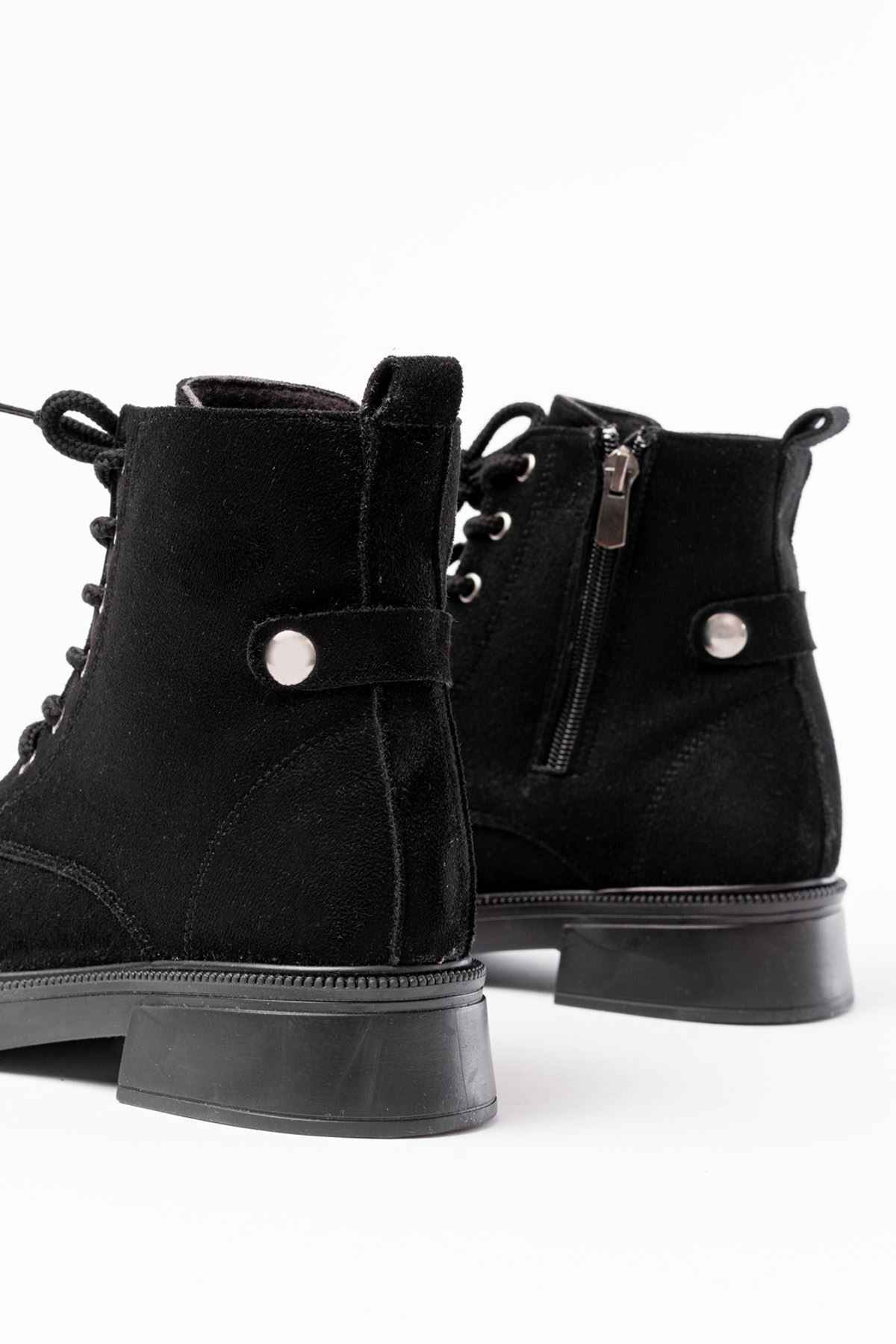 Ayakkabı Aşkı 02-2003 Siyah Süet Bağcıklı Fermuarlı Günlük Kadın Bot