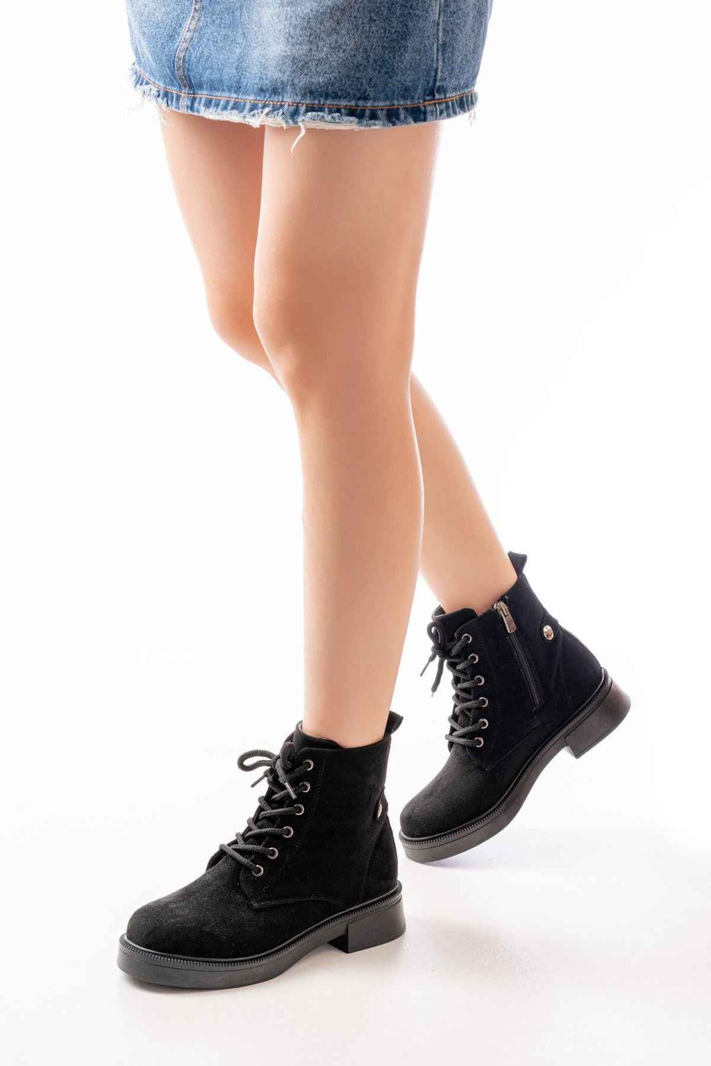 Ayakkabı Aşkı 02-2003 Siyah Süet Bağcıklı Fermuarlı Günlük Kadın Bot