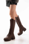 Ayakkabı Aşkı Fz-2450 Kahverengi Yüksek Tabanlı Bağcıklı Fermuarlı Günlük Kadın Çizme