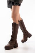 Ayakkabı Aşkı Kahverengi Yüksek Tabanlı Bağcıklı Fermuarlı Günlük Kadın Çizme - Ayakkabı Aşkı
