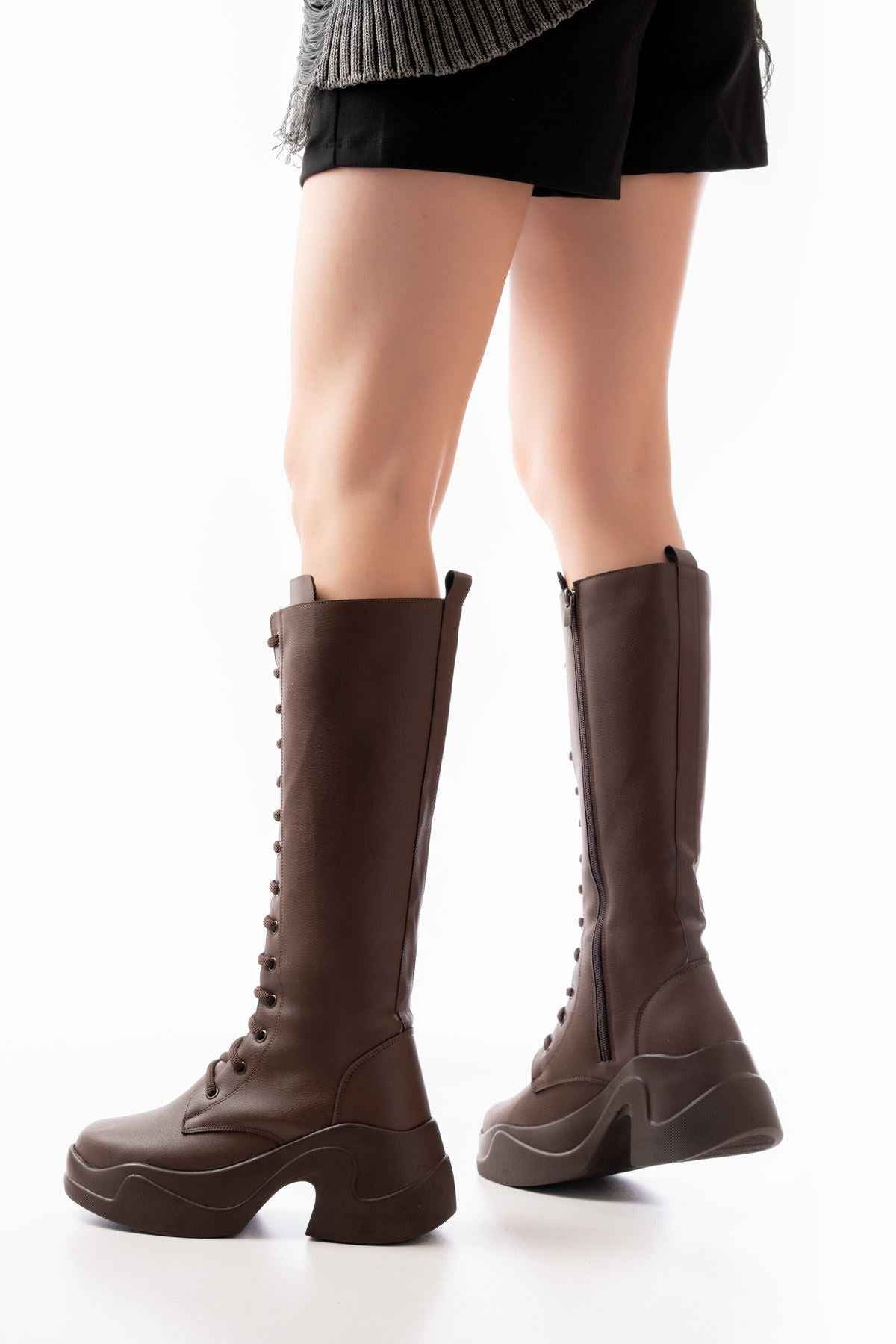 Ayakkabı Aşkı Fz-2450 Kahverengi Yüksek Tabanlı Bağcıklı Fermuarlı Günlük Kadın Çizme