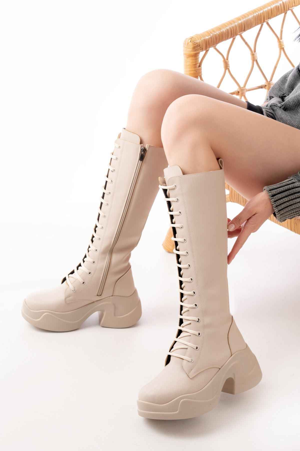 Ayakkabı Aşkı Fz-2450 Bej Yüksek Tabanlı Bağcıklı Fermuarlı Günlük Kadın Çizme