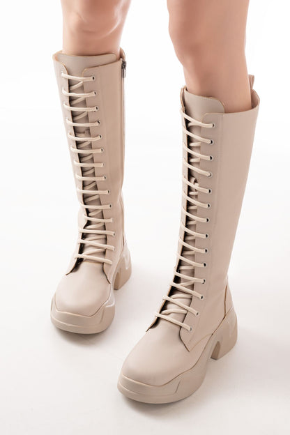 Ayakkabı Aşkı Bej Yüksek Tabanlı Bağcıklı Fermuarlı Günlük Kadın Çizme