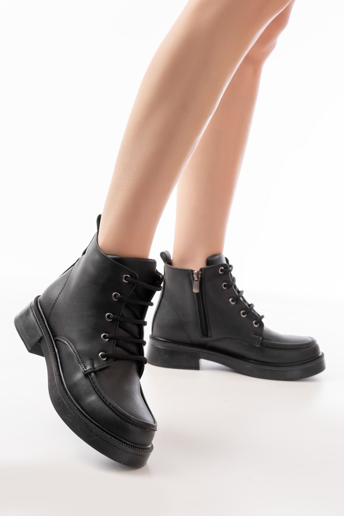 Ayakkabı Aşkı Siyah Bağcıklı Fermuarlı Günlük Kadın Bot - Ayakkabı Aşkı