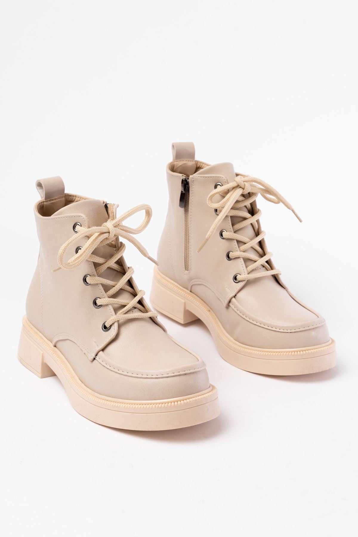 Ayakkabı Aşkı Bej Bağcıklı Fermuarlı Günlük Kadın Bot