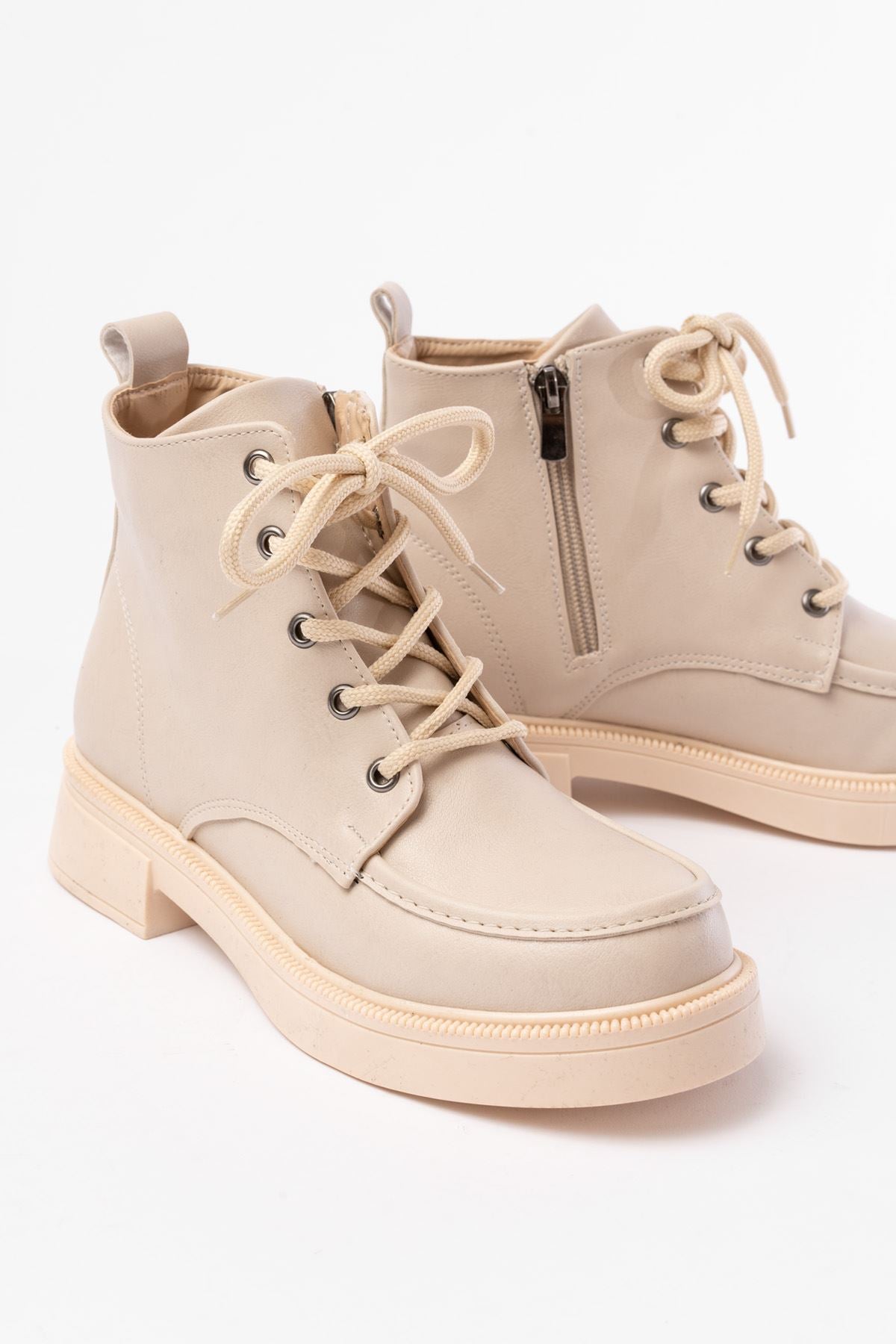 Ayakkabı Aşkı Bej Bağcıklı Fermuarlı Günlük Kadın Bot - Ayakkabı Aşkı