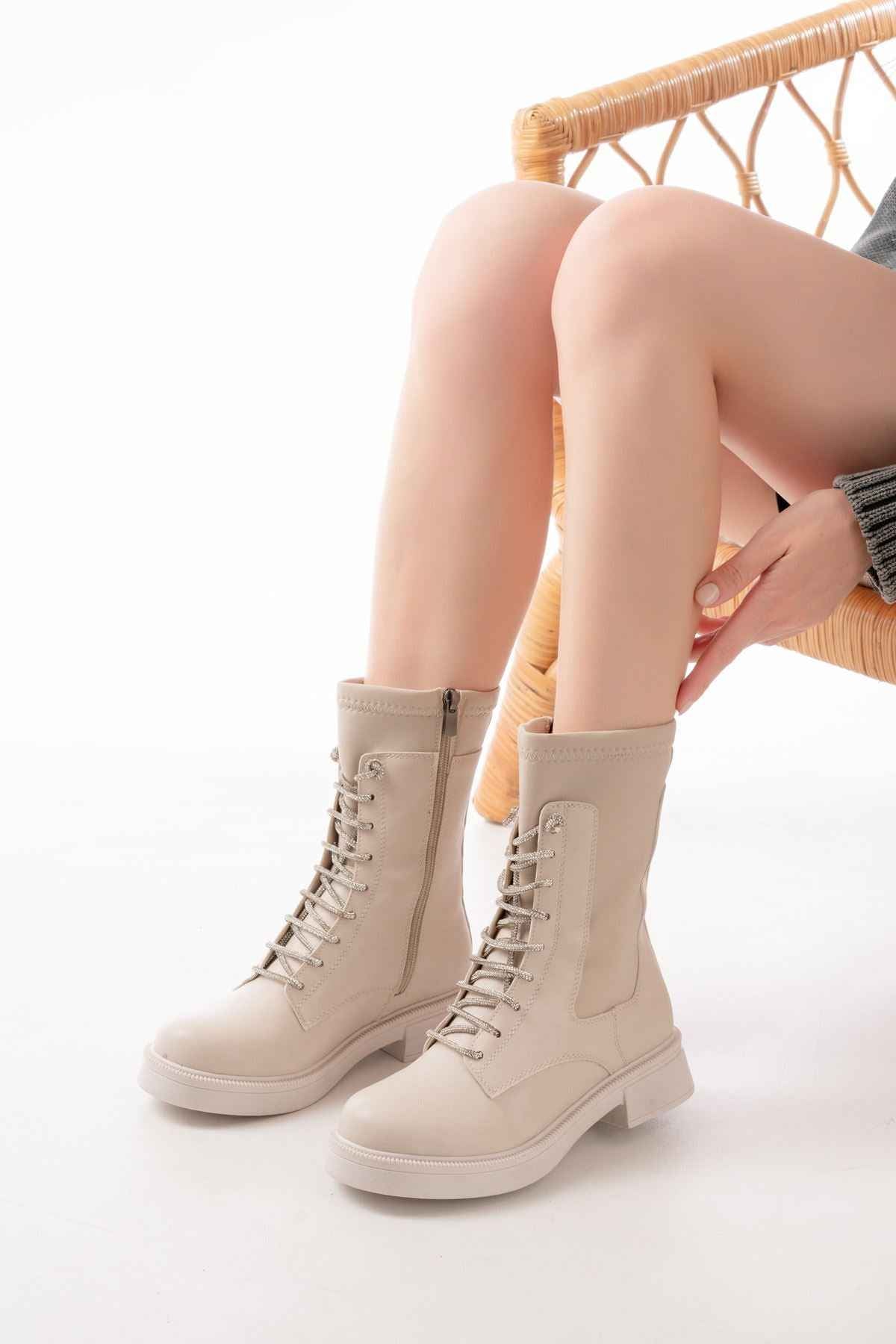 Ayakkabı Aşkı 02-2006 Bej Bağcıklı Fermuarlı Günlük Kadın Bot