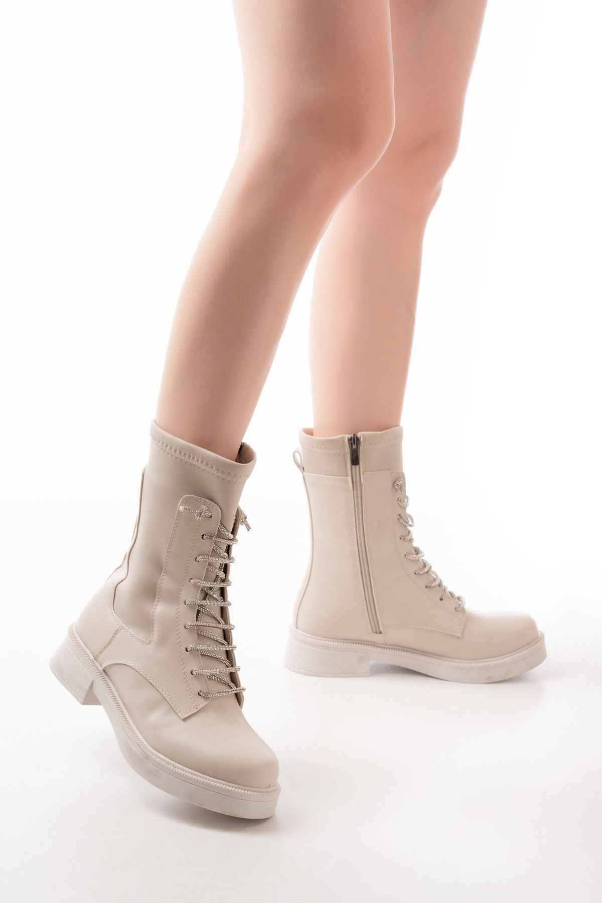 Ayakkabı Aşkı 02-2006 Bej Bağcıklı Fermuarlı Günlük Kadın Bot