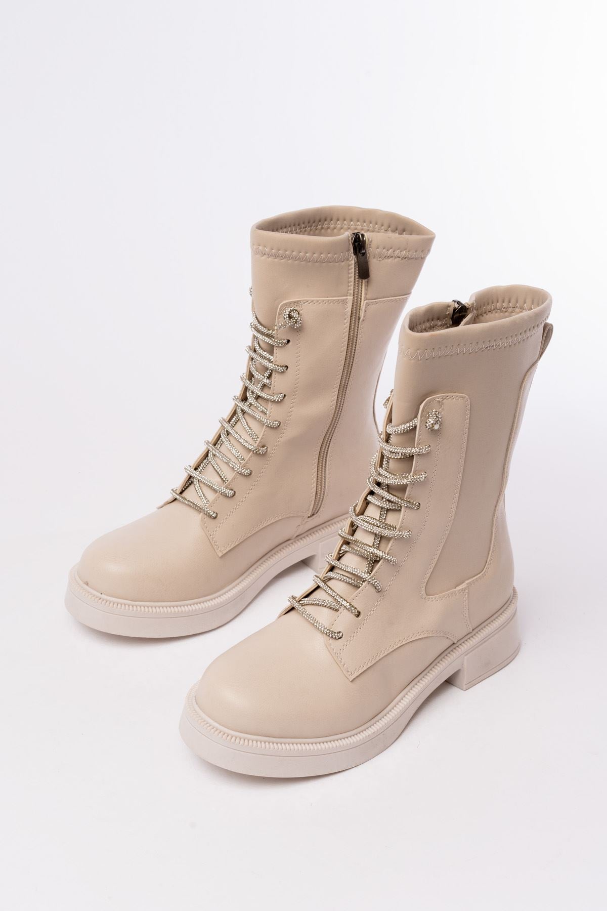 02-2006 Bej Bağcıklı Fermuarlı Günlük Kadın Bot - Bej