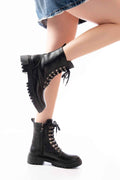 Ayakkabı Aşkı 812-2121 Siyah Cilt Bağcıklı Fermuarlı Günlük Kadın Bot