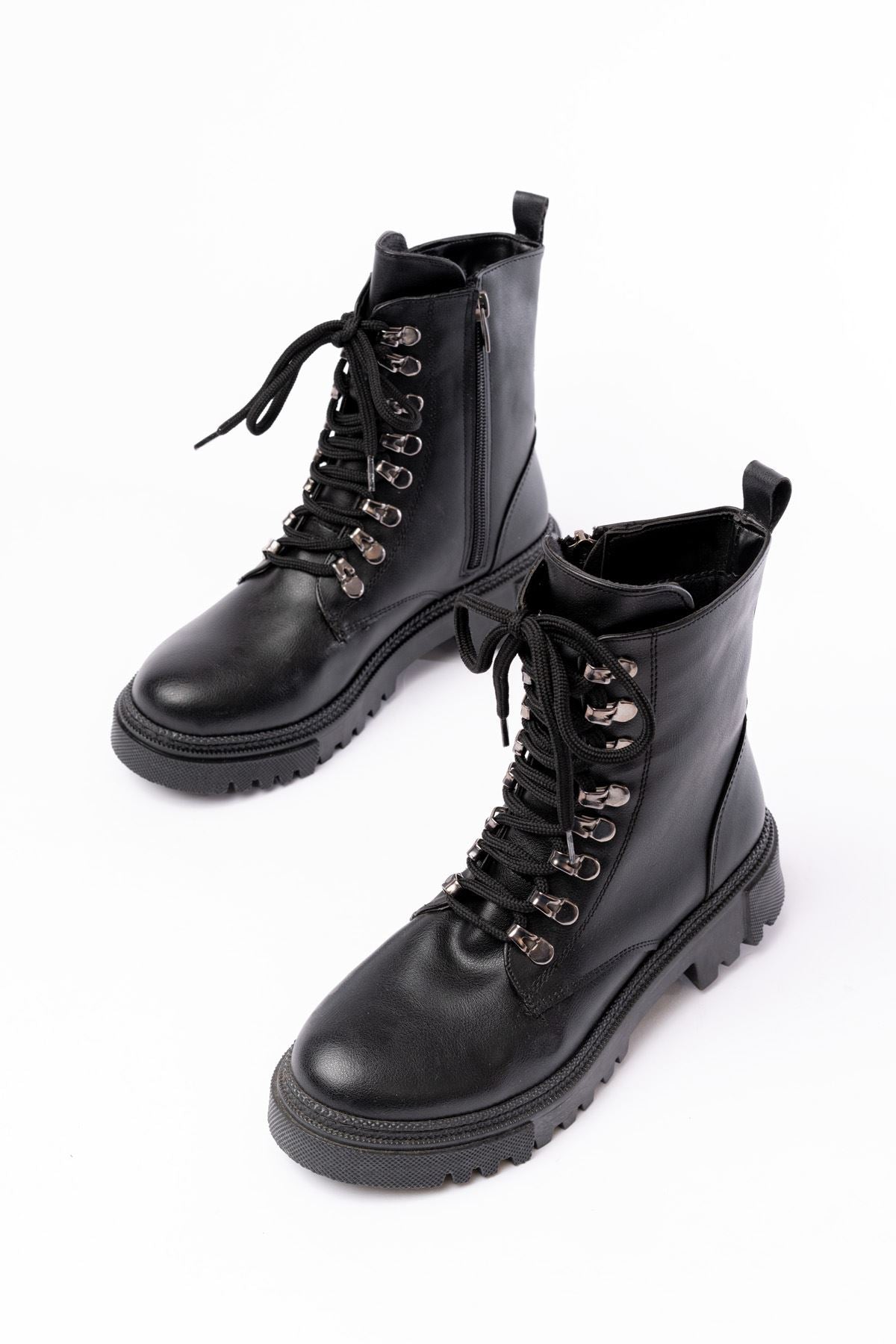 Ayakkabı Aşkı Siyah Cilt Bağcıklı Fermuarlı Günlük Kadın Bot