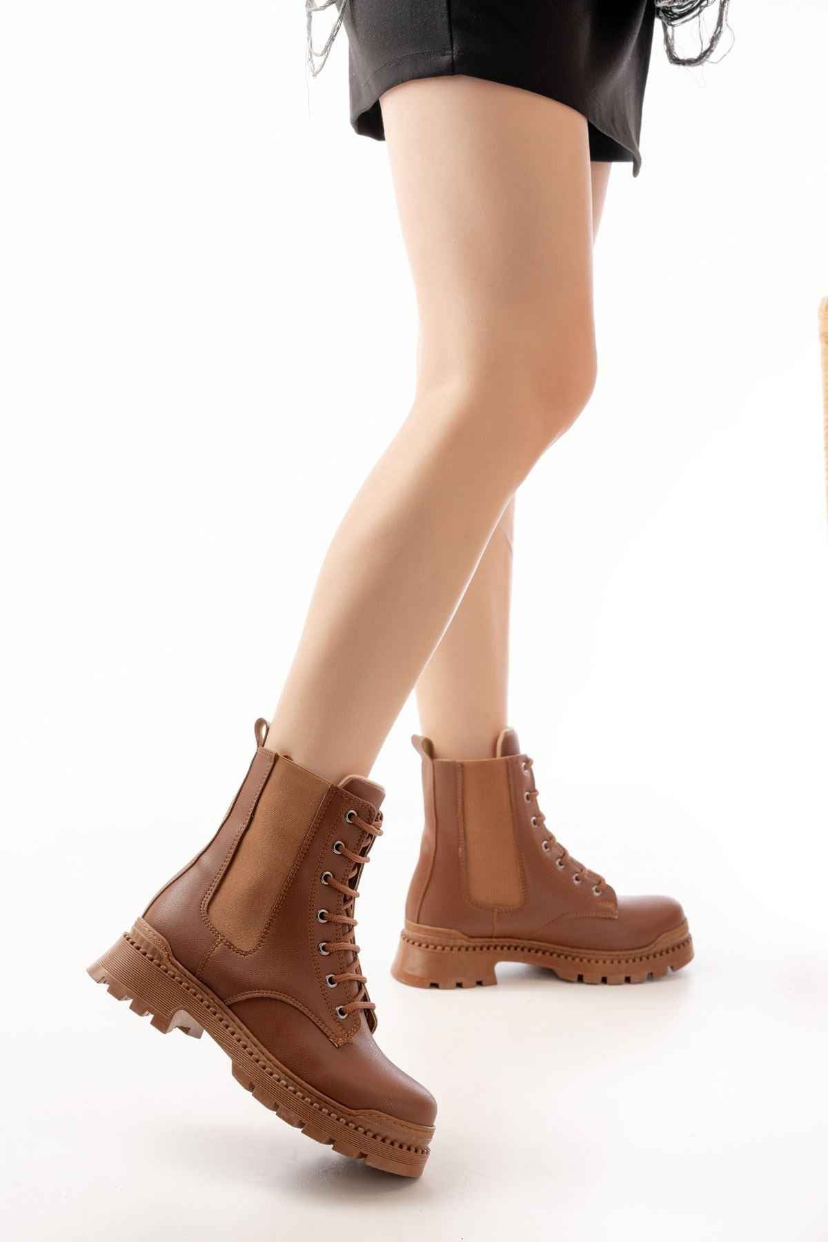 Ayakkabı Aşkı 2051-298 Taba Düz Topuklu Bağcıklı Lastikli Günlük Kadın Bot