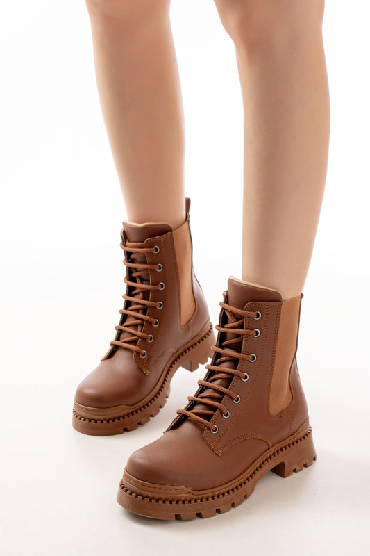 Ayakkabı Aşkı Taba Düz Topuklu Bağcıklı Lastikli Günlük Kadın Bot