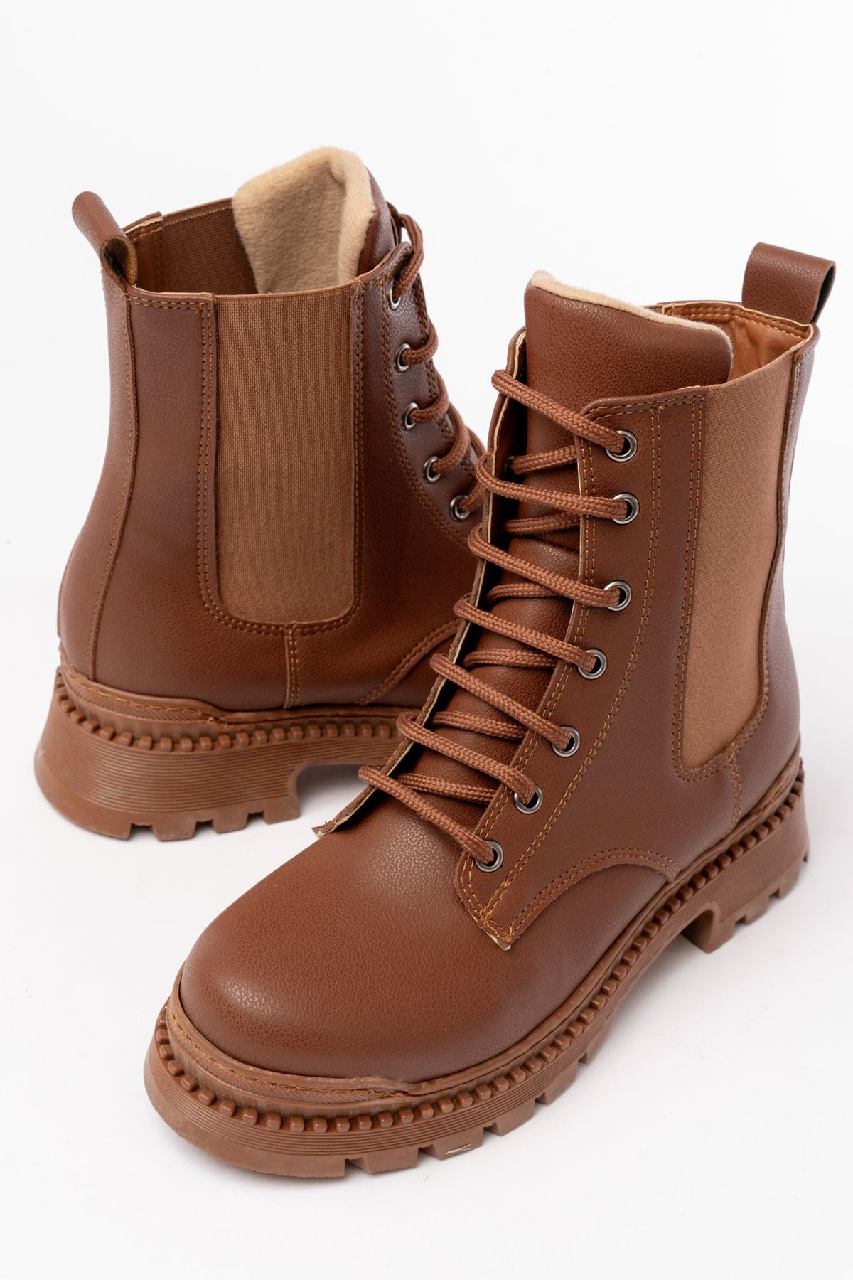 2051-298 Taba Düz Topuklu Bağcıklı Lastikli Günlük Kadın Bot - Taba