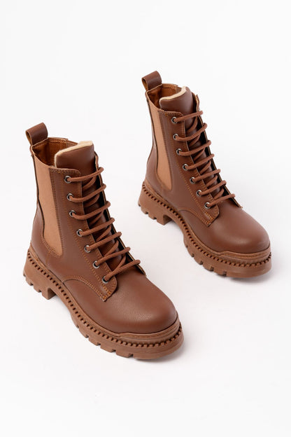 Ayakkabı Aşkı Taba Düz Topuklu Bağcıklı Lastikli Günlük Kadın Bot