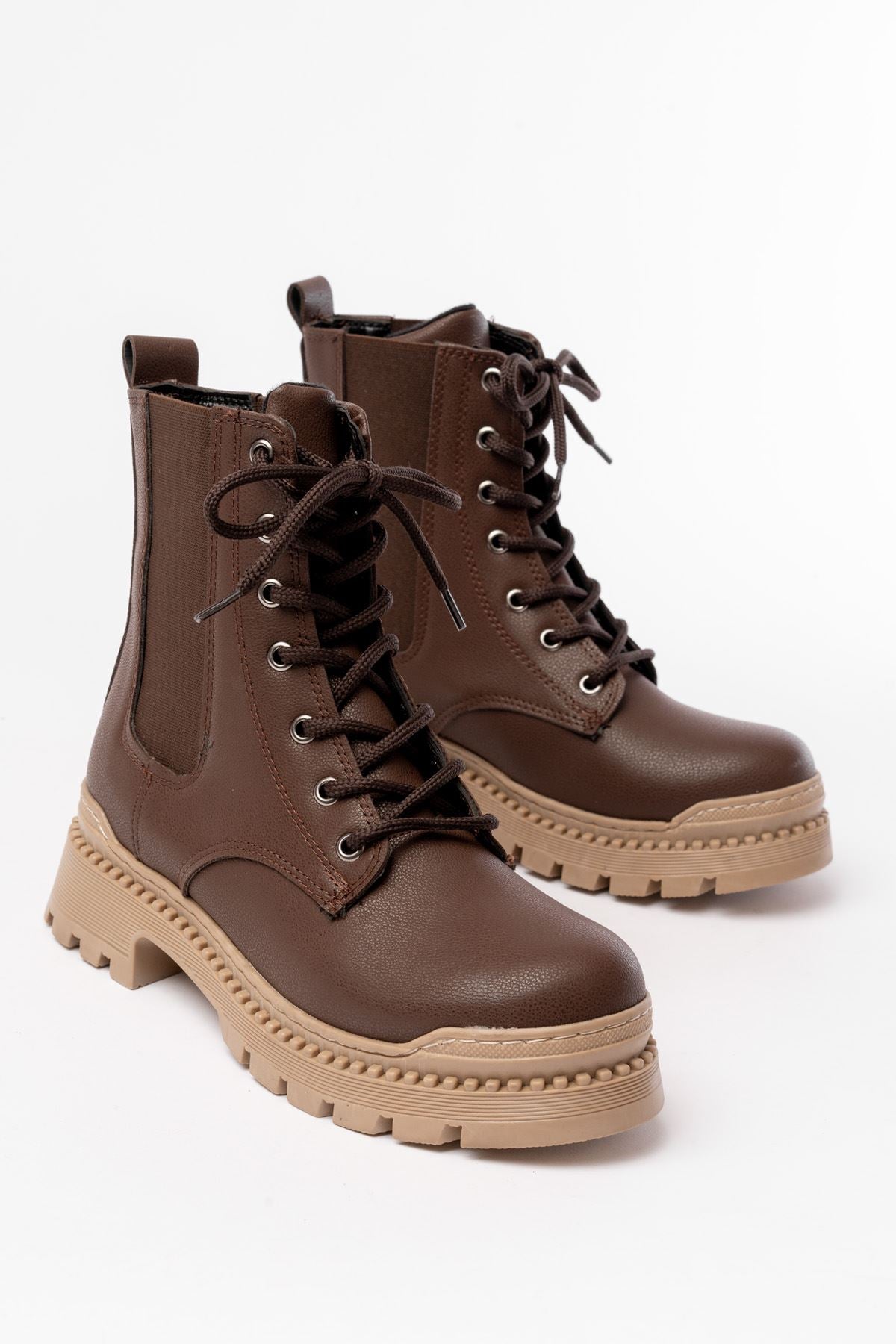 Ayakkabı Aşkı Kahverengi Düz Topuklu Bağcıklı Lastikli Günlük Kadın Bot - Ayakkabı Aşkı