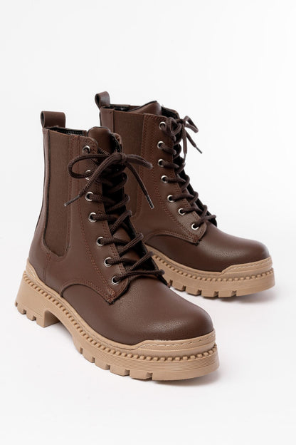 Ayakkabı Aşkı Kahverengi Düz Topuklu Bağcıklı Lastikli Günlük Kadın Bot