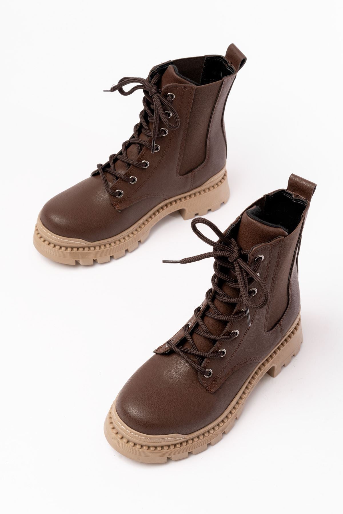 Ayakkabı Aşkı Kahverengi Düz Topuklu Bağcıklı Lastikli Günlük Kadın Bot