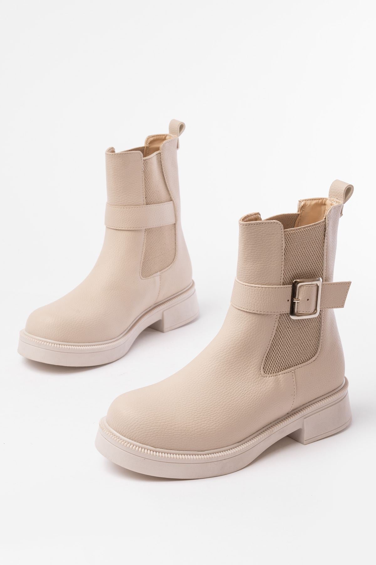 Ayakkabı Aşkı Bej Toka Aksesuarlı Lastikli Günlük Kadın Bot