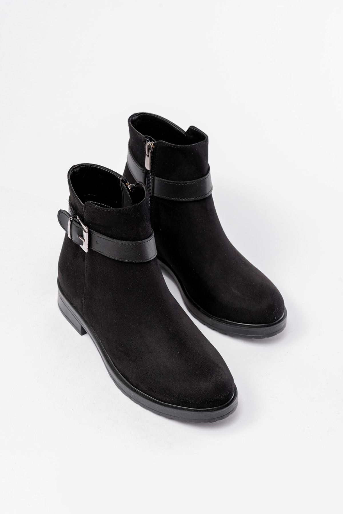 Ayakkabı Aşkı 165-204/1 Siyah Süet Toka Aksesuarlı Fermuarlı Günlük Kadın Bot - Ayakkabı Aşkı