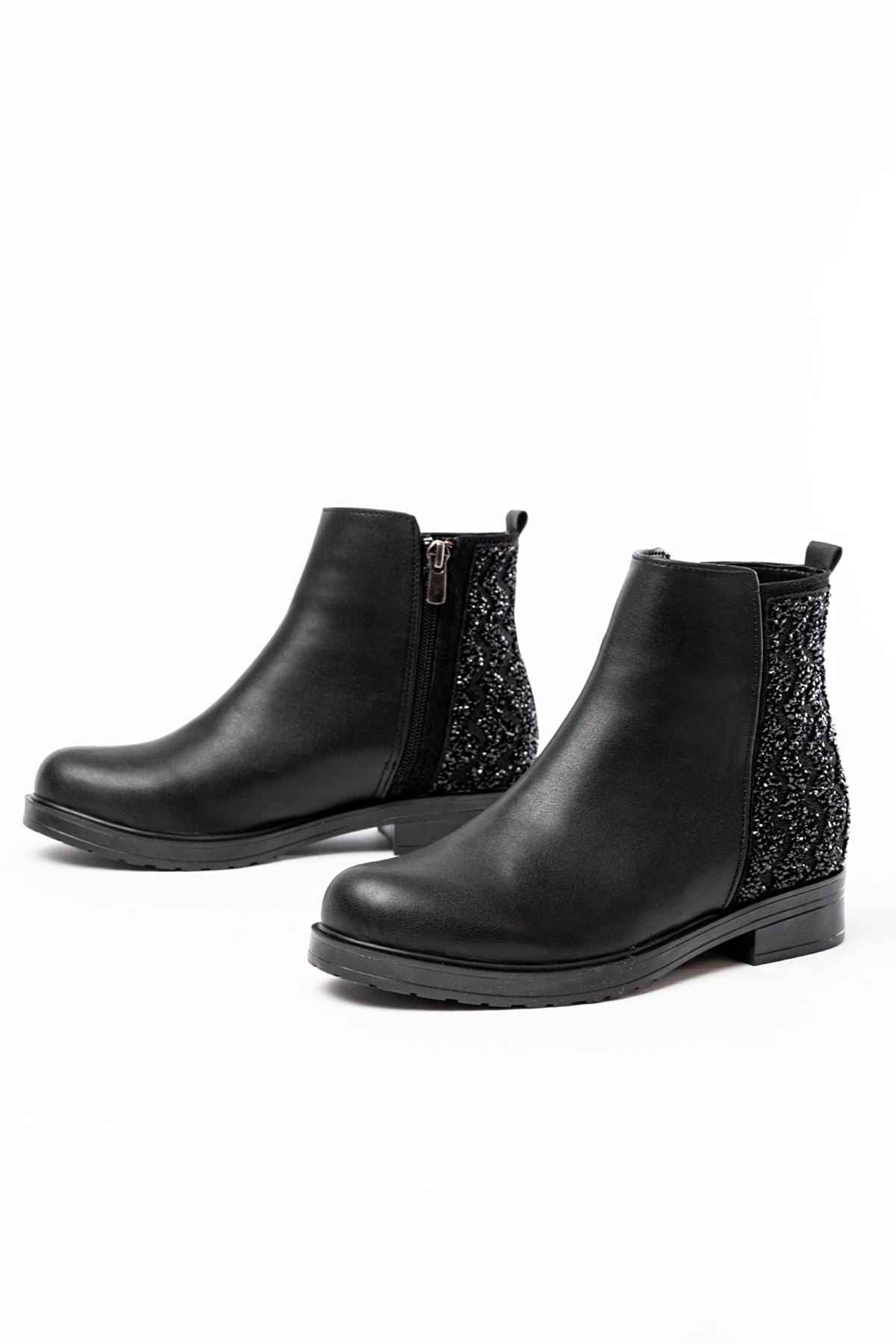 Ayakkabı Aşkı 165-212 Siyah Taş Aksesuarlı Fermuarlı Günlük Kadın Bot