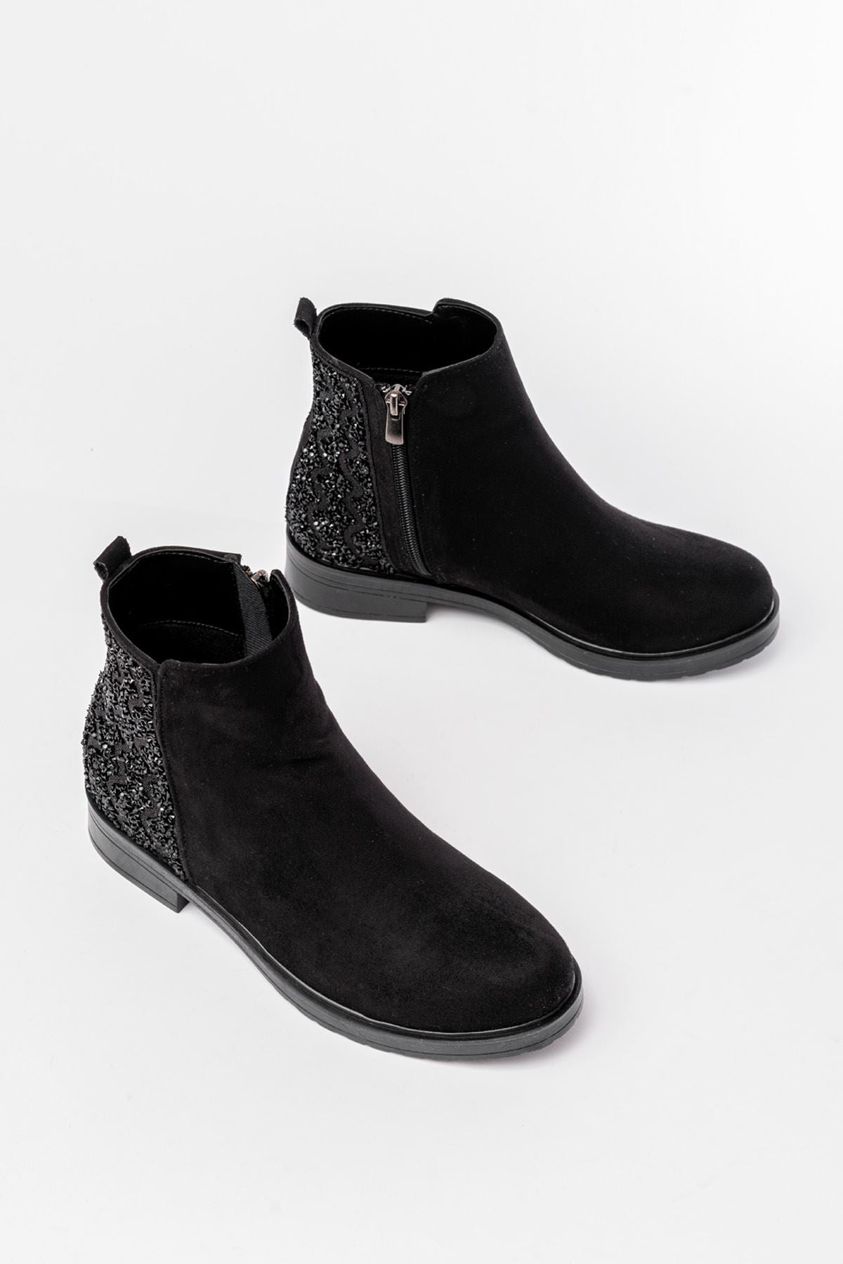 Ayakkabı Aşkı Siyah Süet Taş Aksesuarlı Fermuarlı Günlük Kadın Bot