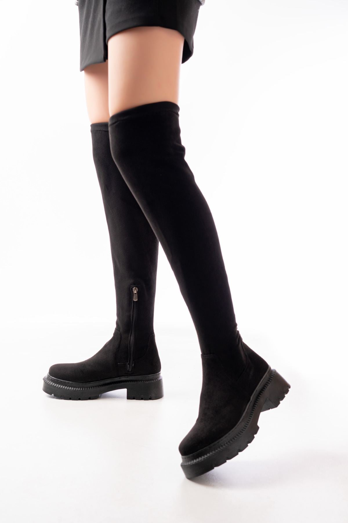 236-2194 Siyah Süet Streç Diz Üstü Fermuarlı Günlük Kadın Çizme - Siyah