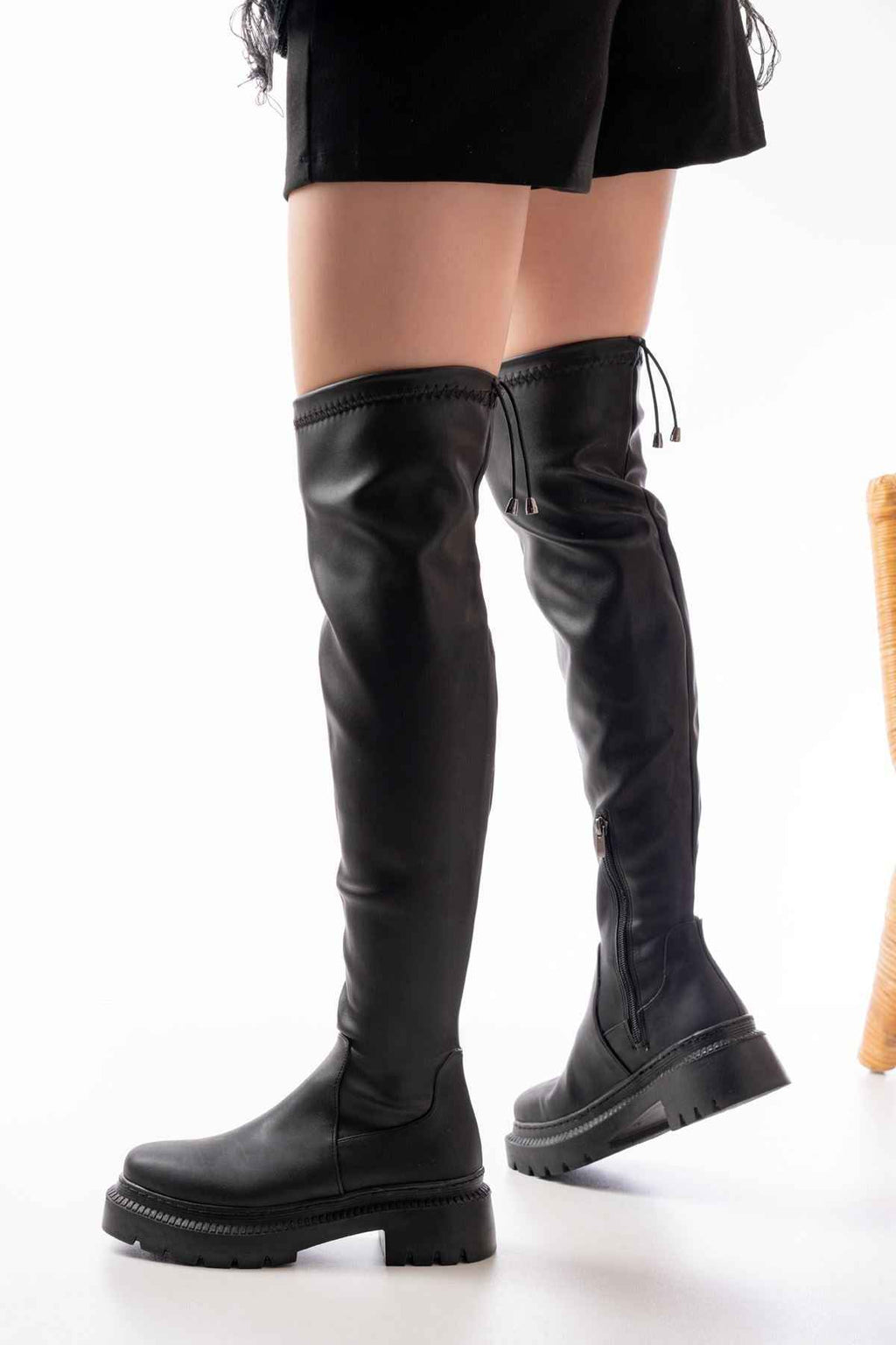 Ayakkabı Aşkı 236-2194 Siyah Streç Diz Üstü Fermuarlı Günlük Kadın Çizme