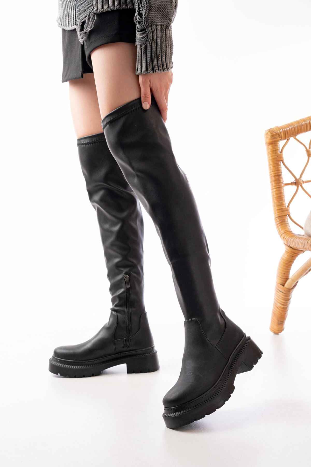 Ayakkabı Aşkı 236-2194 Siyah Streç Diz Üstü Fermuarlı Günlük Kadın Çizme